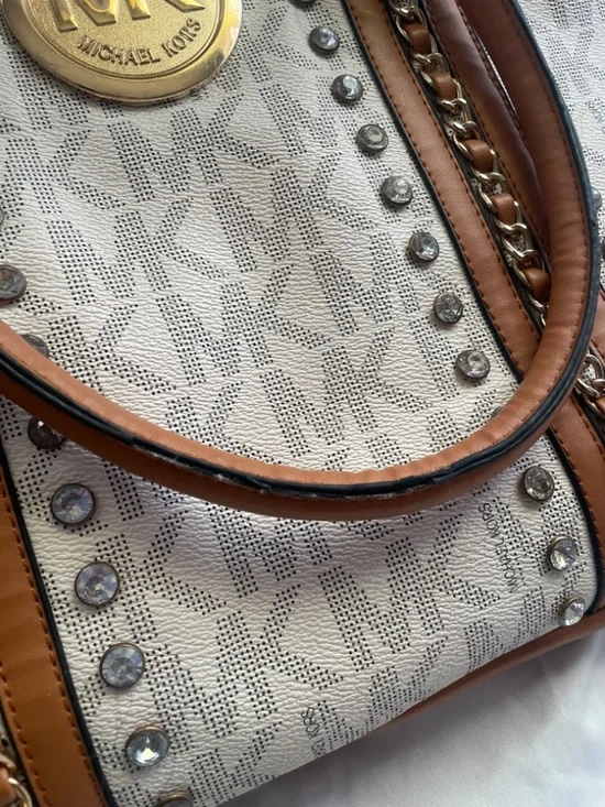 Michael Kors | Vanilla MK Monogram & Brown Leather Trim Bag - Picture 4 of 11